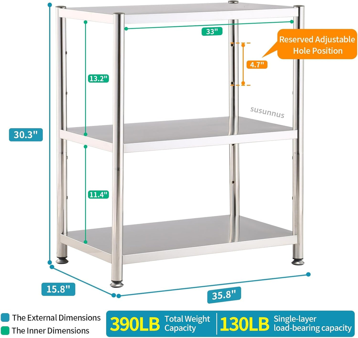 susunnus 3-Tier Stainless Steel Shelf, Heavy Duty Shelving for Kitchen, Garage, Industrial Storage, Kitchen Shelves Adjustable Feet, Easy to Clean(35.8in*15.8without Guardrails)