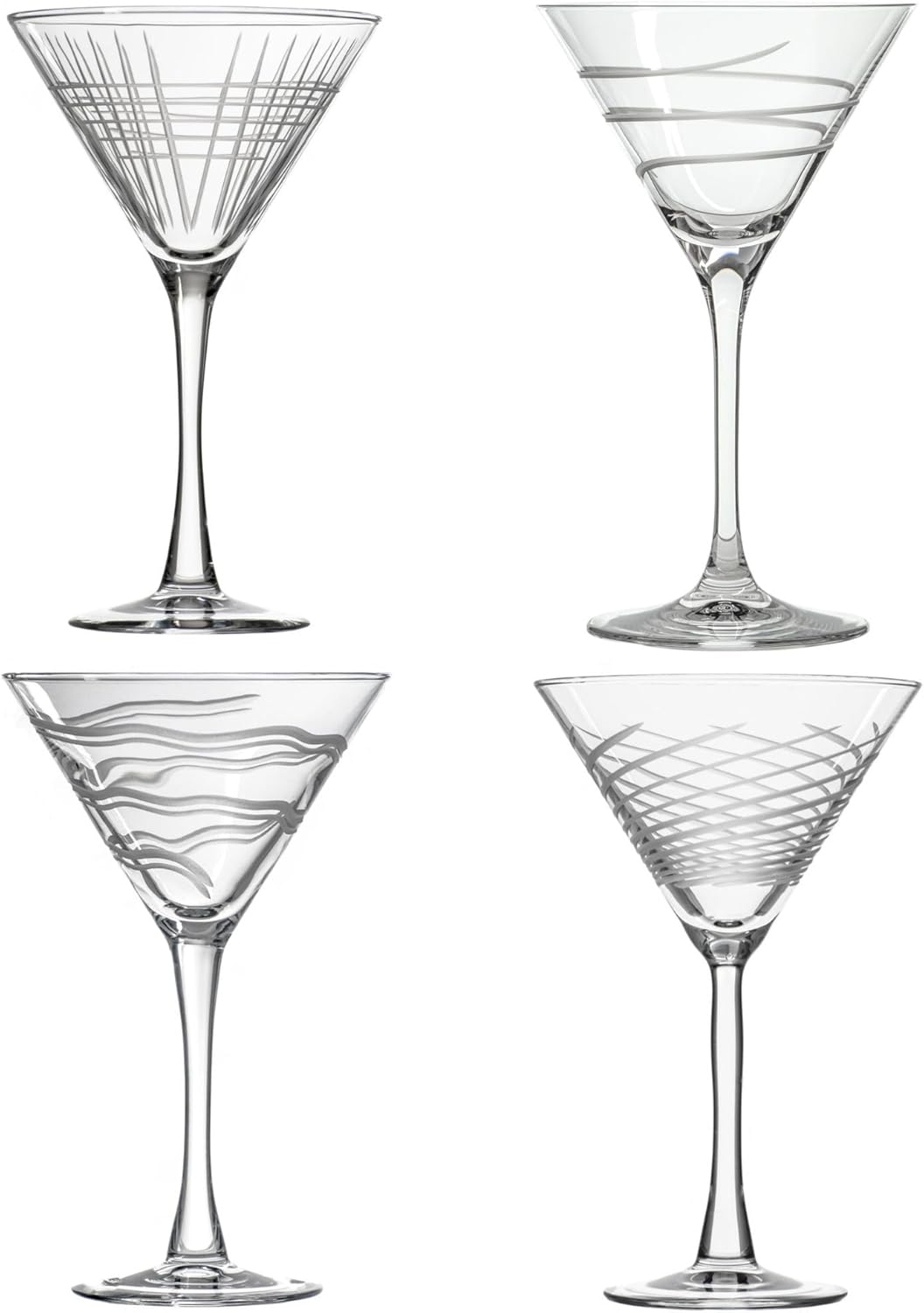 Rolf Glass Symmetry Martini Cocktail Glass | 10oz Martini Glasses | Lead-Free and Diamond-Wheel Engraved | Mixed Contemporary Designs | Proudly Made in the USA | Set of 4