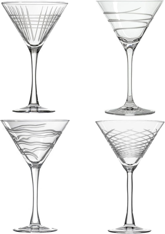 Rolf Glass Symmetry Martini Cocktail Glass | 10oz Martini Glasses | Lead-Free and Diamond-Wheel Engraved | Mixed Contemporary Designs | Proudly Made in the USA | Set of 4