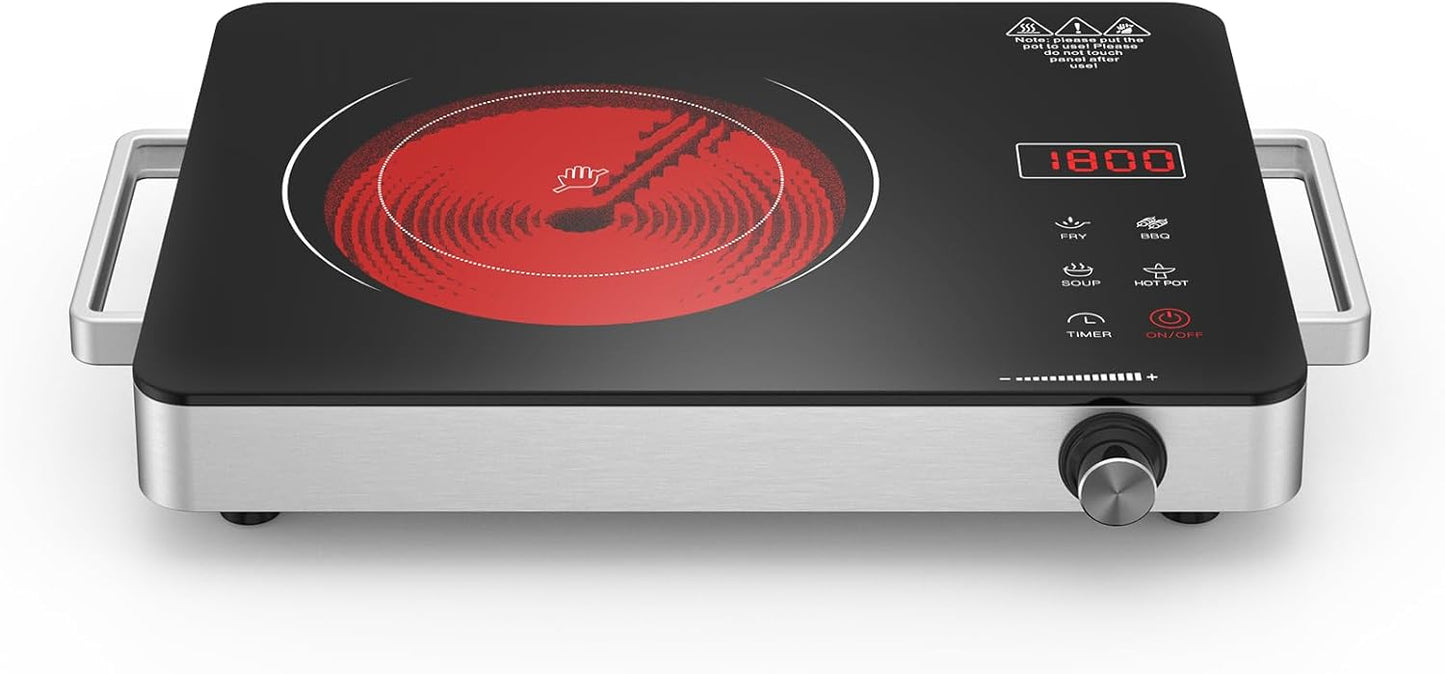 Portable Electric Cooktop 110V, 1800W Electric Stove Infrared Hot Plate with Knob Control, Nafewin Single Burner Countertop Burner with Handle, 4-Hours Timing Setting, Compatible for All Cookwares