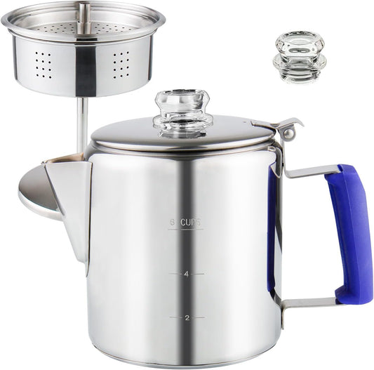 Multi Use Percolator Coffee Pot Stainless Steel Stove Top Coffee Maker with Two Tough Borosilicate Glass Knob Silica Handle Camping Coffee Pot Using on Campfire Stove & Induction Cooker Silver 6 Cup