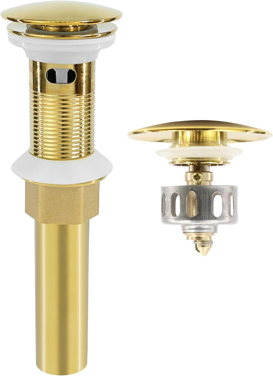 Bathroom Sink Drain, Gold Drain Stopper Bathroom Sink with Overflow,Pop Up Drain Assembly with Detachable Strainer Basket,Built-in Anti-Clogging Strainer,Stainless Steel Gold
