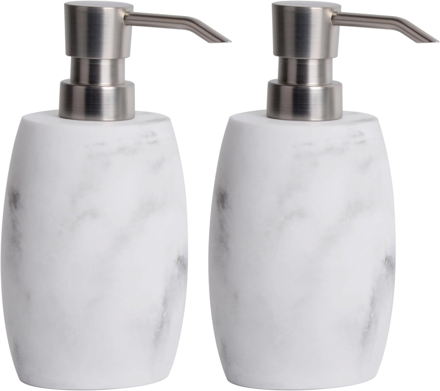 Resin Soap Dispenser Set 2, Refillable Hand Soap Dispenser with White Marble Look and Metallic Pump, Kitchen, Bathroom, Waterproof Labels (12 Oz)