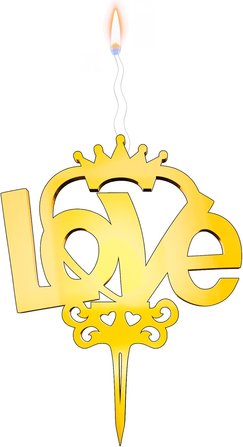 Love Reusable Gold Romantic Cake Candle - Luxury Cake Topper Candle for Birthdays, Weddings & Anniversaries - Reusable Food Safe Acrylic, Shiny Mirror Finish - Happy Birthday Cake Topper Décor