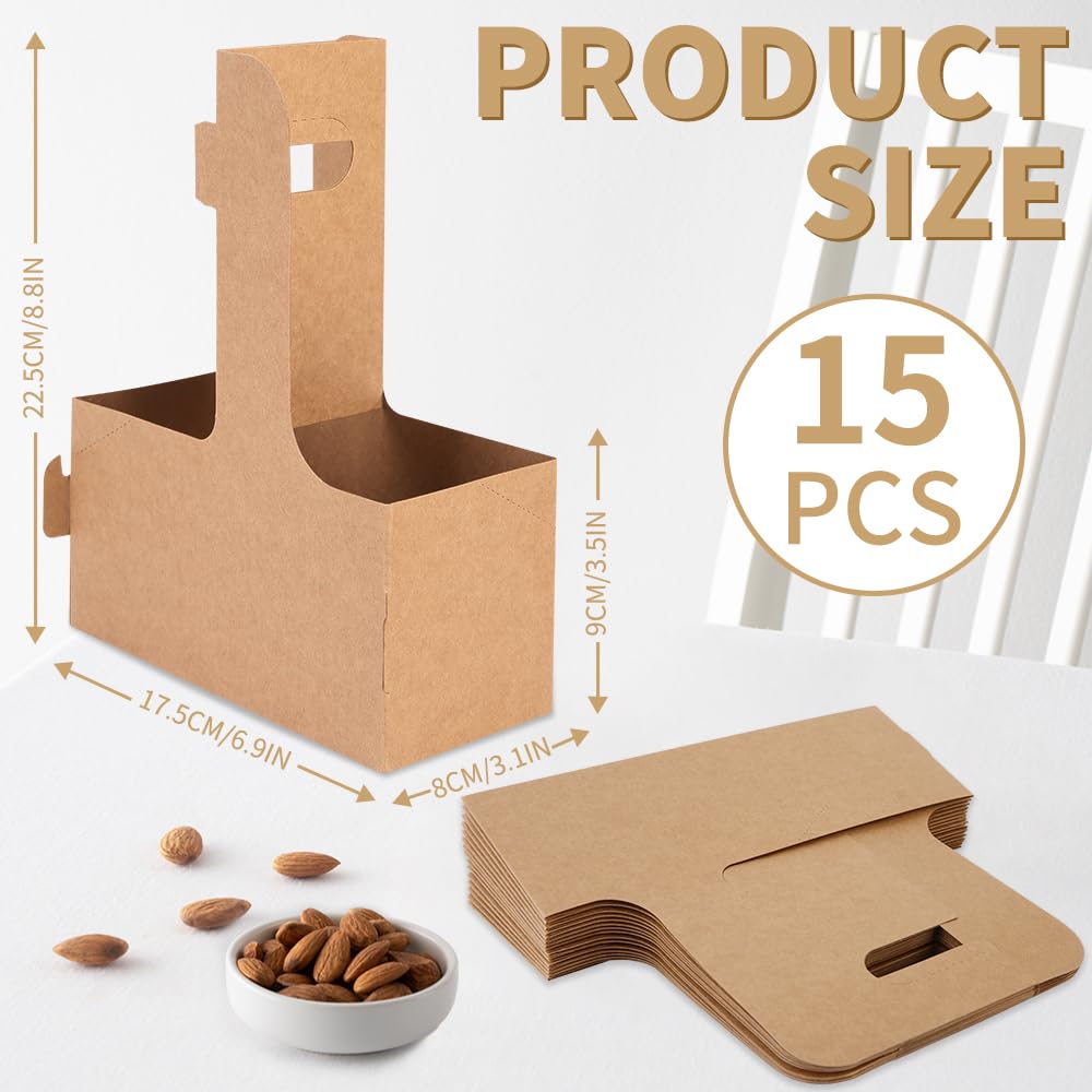 Bodaon 2 Cup Drink Carrier with Handle, 15 Pcs Cardboard Cup Holders, Disposable Drink Carriers for Delivery, Kraft Paper Coffee Cup Holder to Go, Take Out Cup Carriers for Hot/Cold Drinks