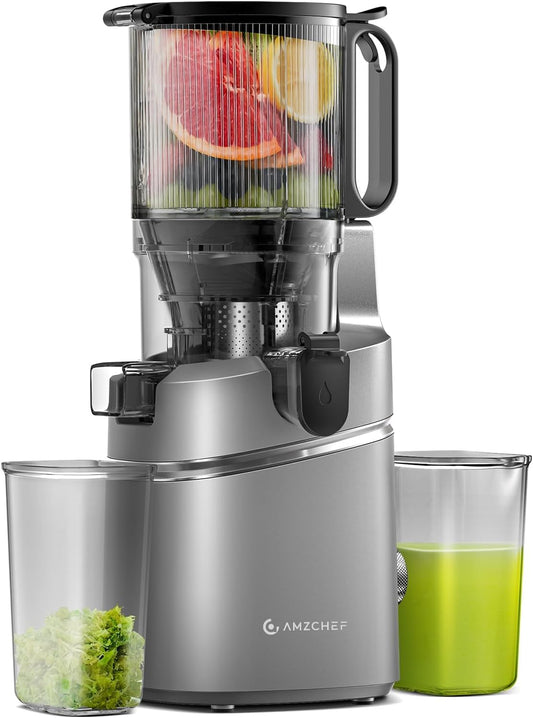 AMZCHEF Juicer Machines, 5.3" Extra Self-Feeding Cold Press Juicer for Whole Vegetable & Fruit, Juice Extractor Machine with Large Auger & Triple Strainers, Easy to Clean, High Juice Yield, Grey