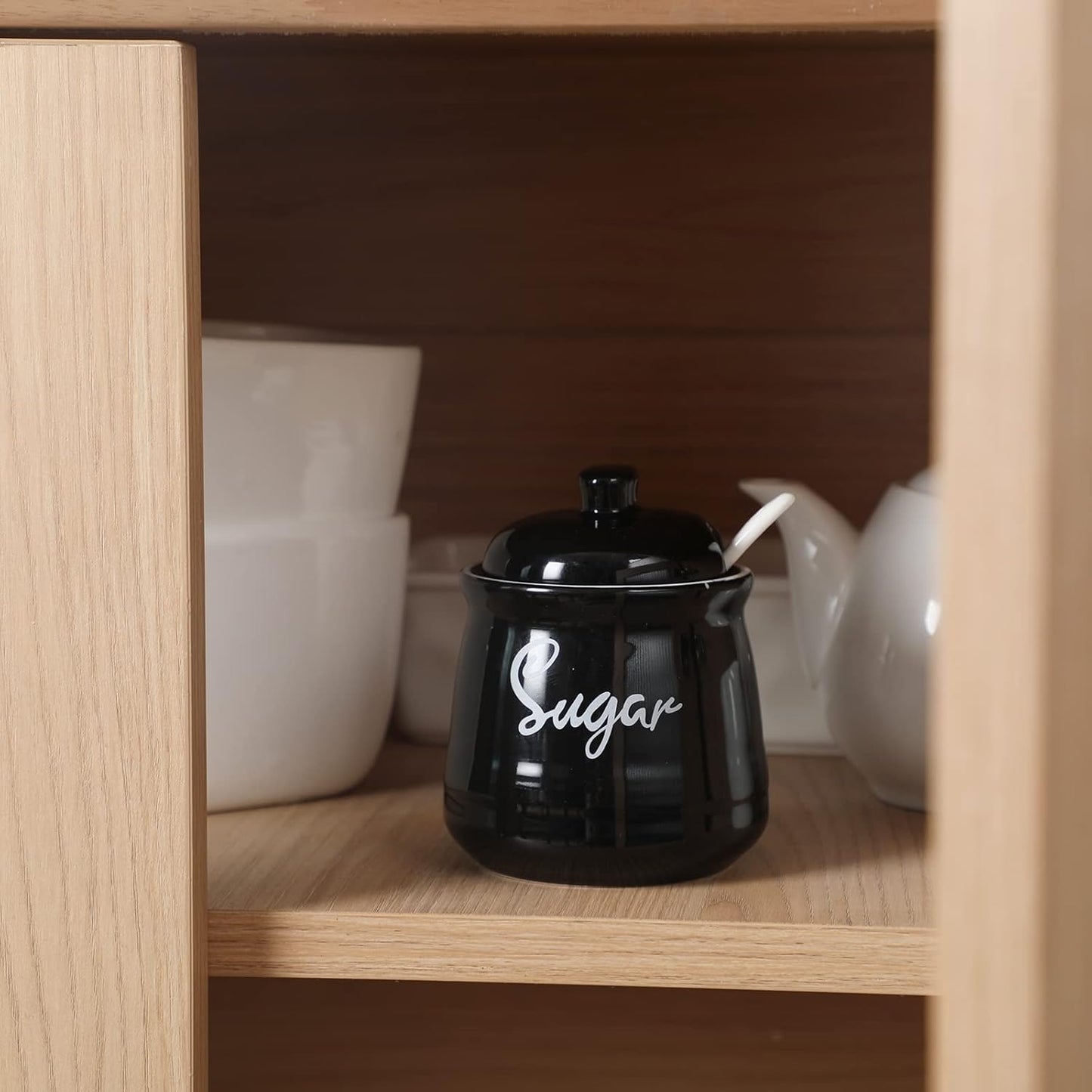 HAOTOP Farmhouse Porcelain Sugar Bowl with Lid and Spoon 12oz,Easy to Clean (Black)