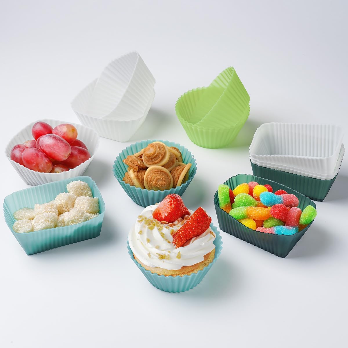 Silicone Cupcake Liners, Upgrades 36 Pack Reusable Baking Muffin Cups Nonstick 3 Shapes Pastry Cake Molds Bento Lunch Box Dividers