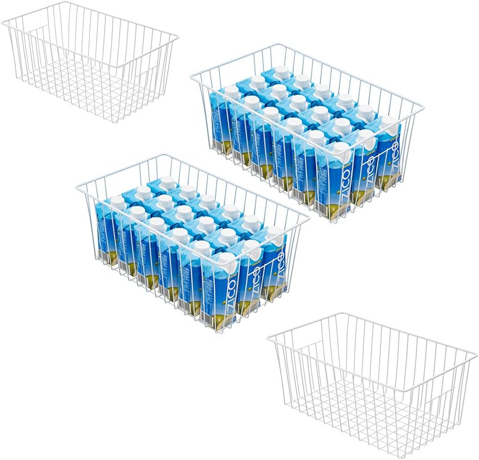 Large Wire Storage Baskets Freezer Organizer Baskets, Farmhouse Metal Wire Baskets Bins, Household Storage Basket with Handles for Kitchen, Cabinets, Pantry, 4 Packs (16" (L) x 9.8 (W) x 7" (H))