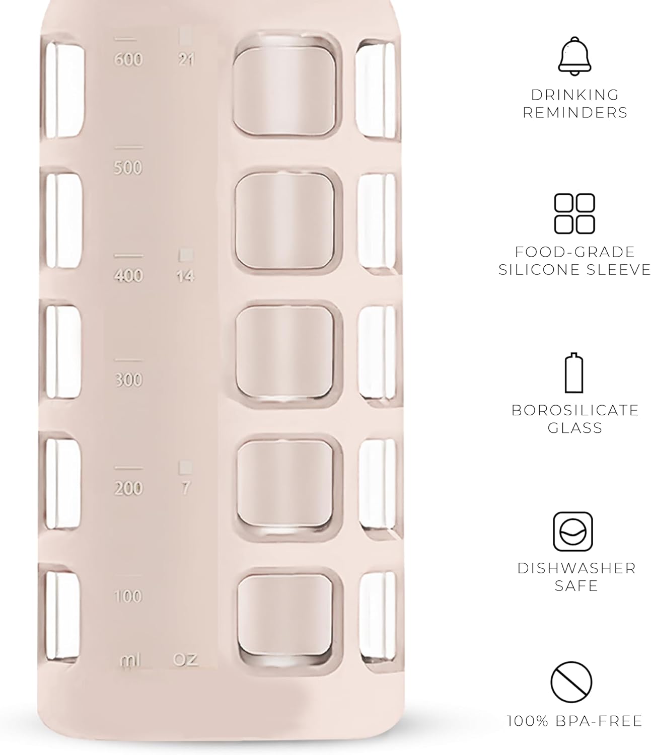 purifyou 40oz / 32oz / 22oz / 12oz Borosilicate Glass Water Bottle with Time & Volume Markers, Silicone Sleeve, Stainless Steel Lid – Reusable Glass Bottle for Water & Juice (22oz Hazelnut)