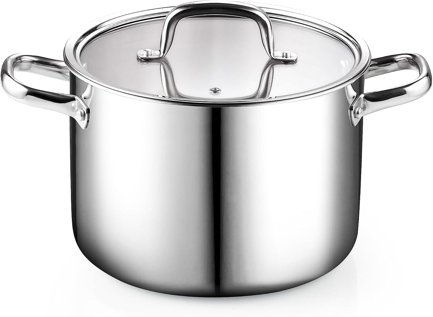 Cook N Home Stainless Steel Stockpot 8 Quart, Tri-Ply Clad Soup Pot with Glass Lid, Induction Compatible, Heavy Duty Canning Pot, Dishwasher Oven Safe, Silver