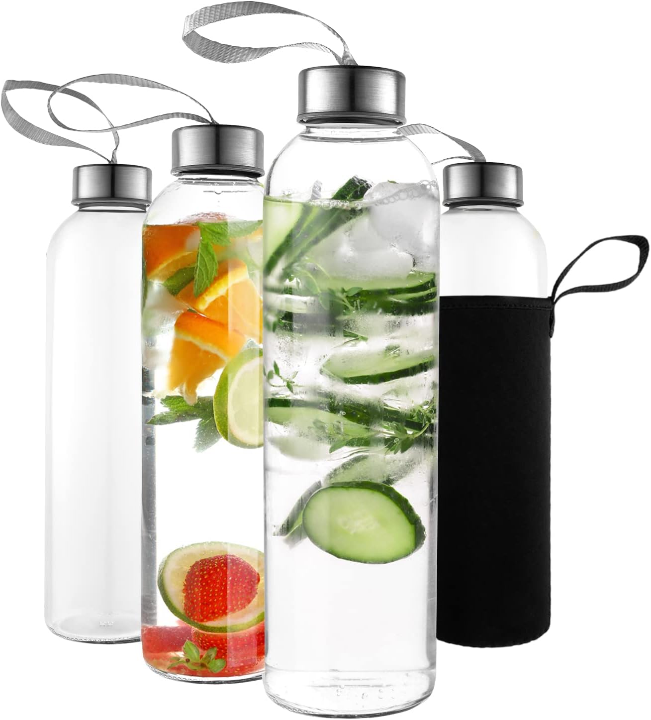 16 Ounce Glass Water Bottles, Reusable Water Bottles with Airtight, Pack of 4, Stainless Steel Lids Carrying Strap And Nylon Water Bottle Protective Sleeves for Hot Or Cold Drinks