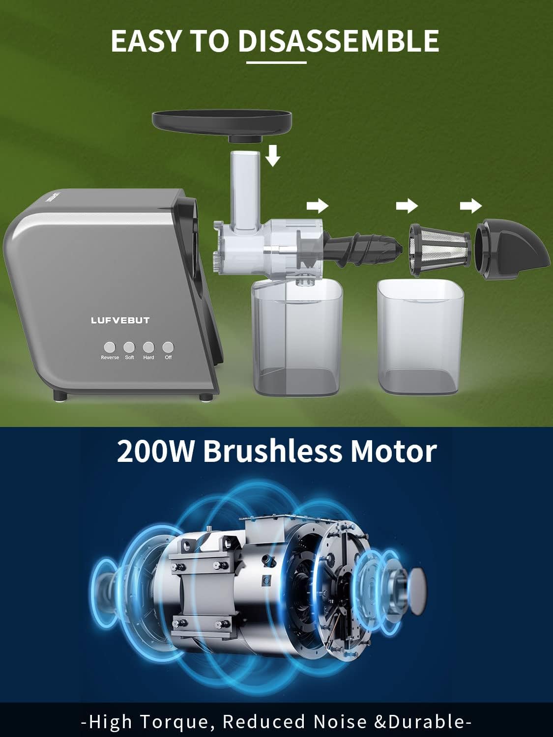 Juicer Slow Masticating for Tomato Ginger Wheatgrass Celery Beets, Home Kitchen Cold Press Juicer Machine for Fruits and Vegetables, Extractor de Jugos Y Vegetales, BPA Free, Easy Clean, Quiet Motor