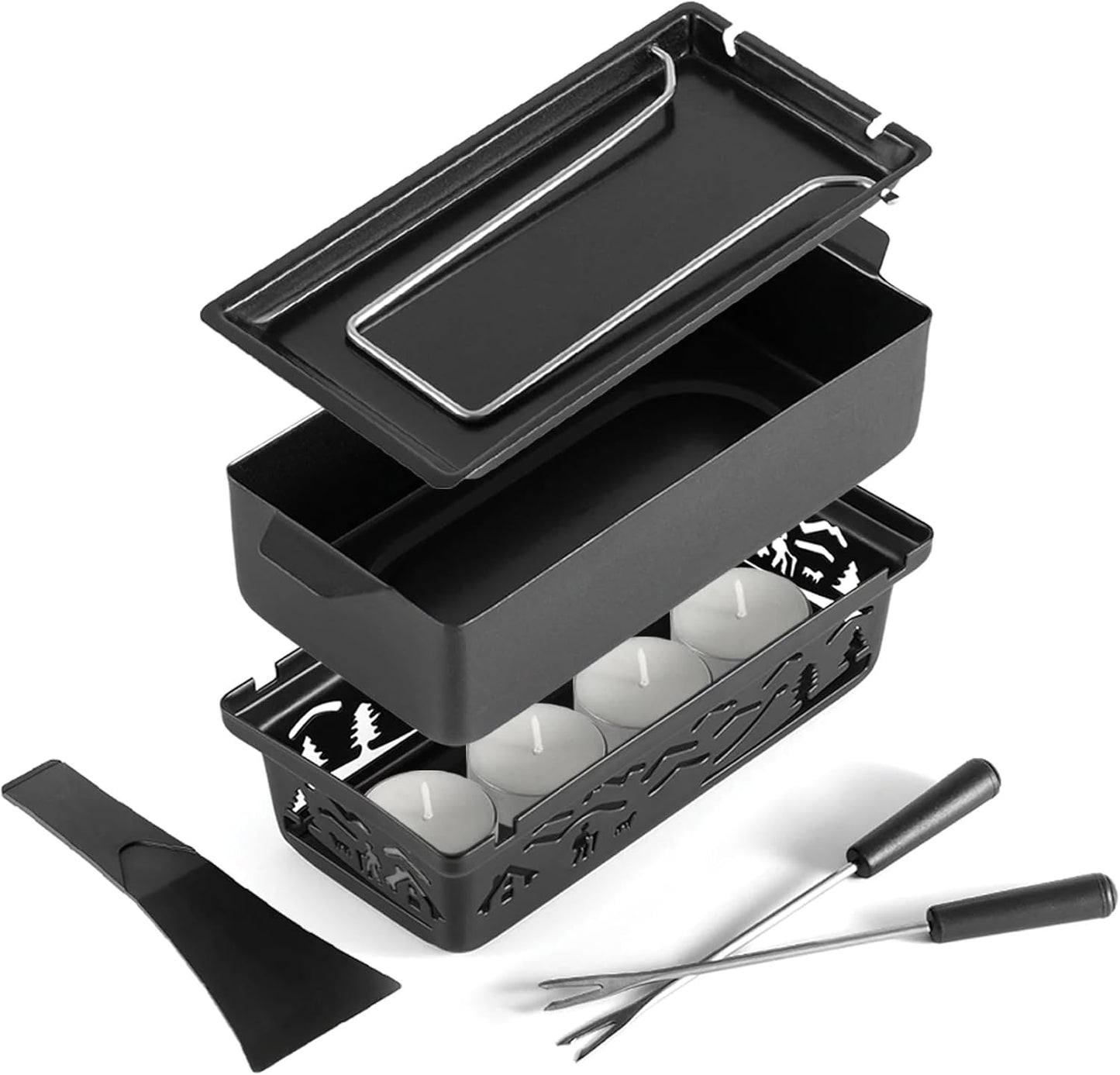 Swissmar Tandem Candle Fondue & Raclette Set - Portable 2-in-1 Tabletop Fondue Pot with Raclette Dish, Forks, Spatula & Tealight Candles