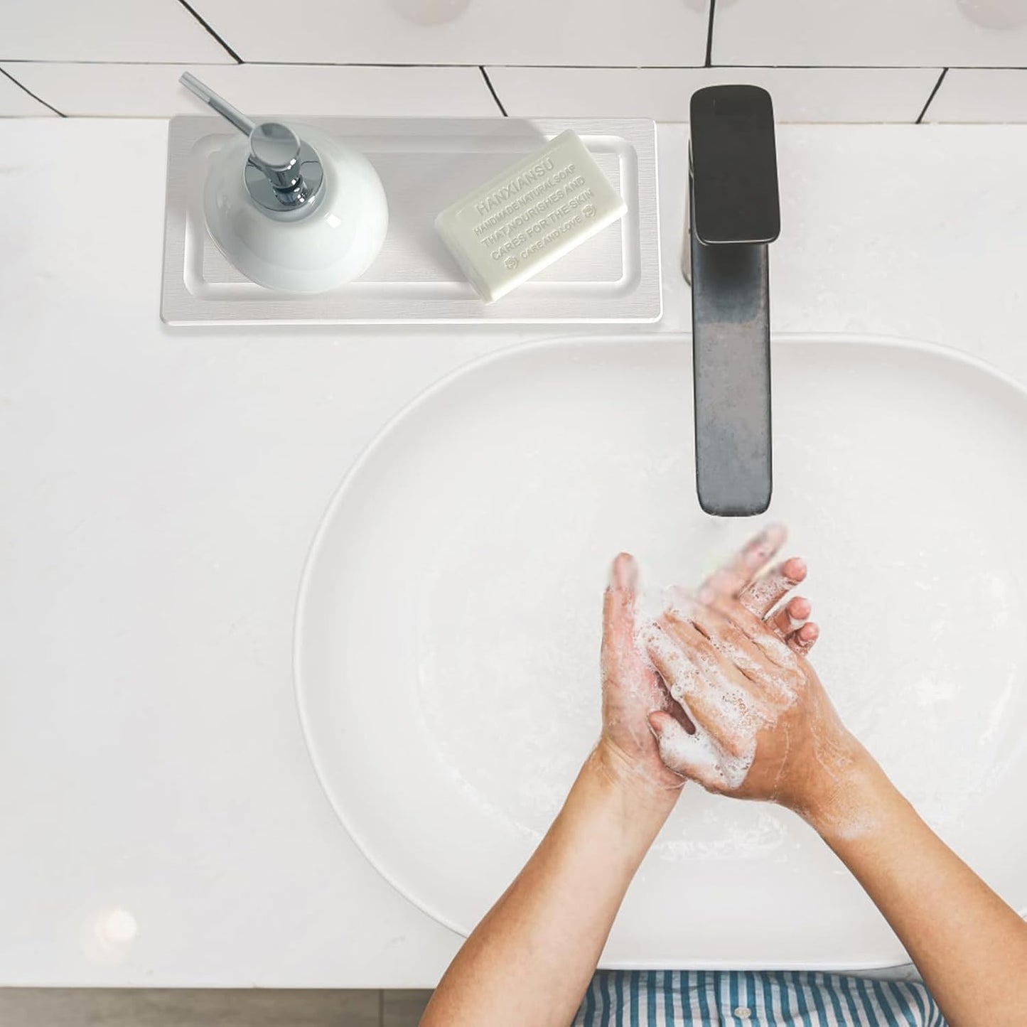 2 PCS Fast-Drying Stone Trays for Bathroom Sink & Kitchen Counter, Water Absorbing Diatomite Sink Coasters, Vanity Tray, Hand Soap Holder with Anti-Skid Pads (11" x 4.7" White)