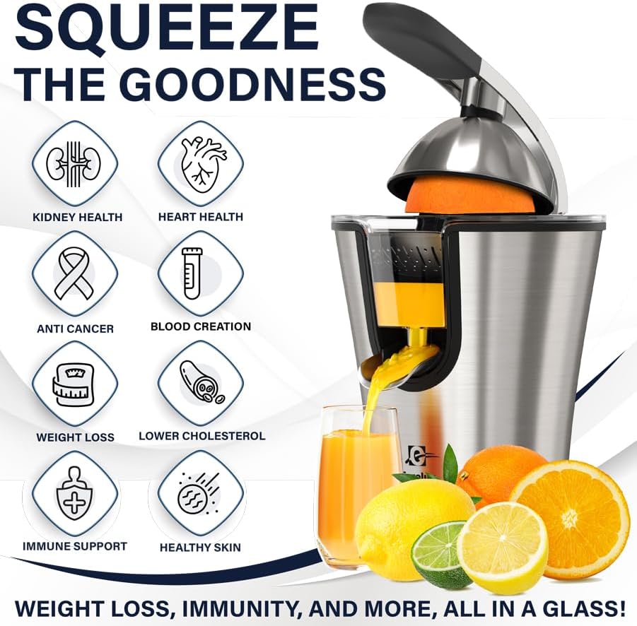 Eurolux Premium Electric Orange Juicer | Stainless Steel Citrus Squeezer With New Ultra-Powerful Motor and Soft Grip Handle for Effortless Juicing, Auto Shutoff, Dishwasher-safe Parts, Pulp Control