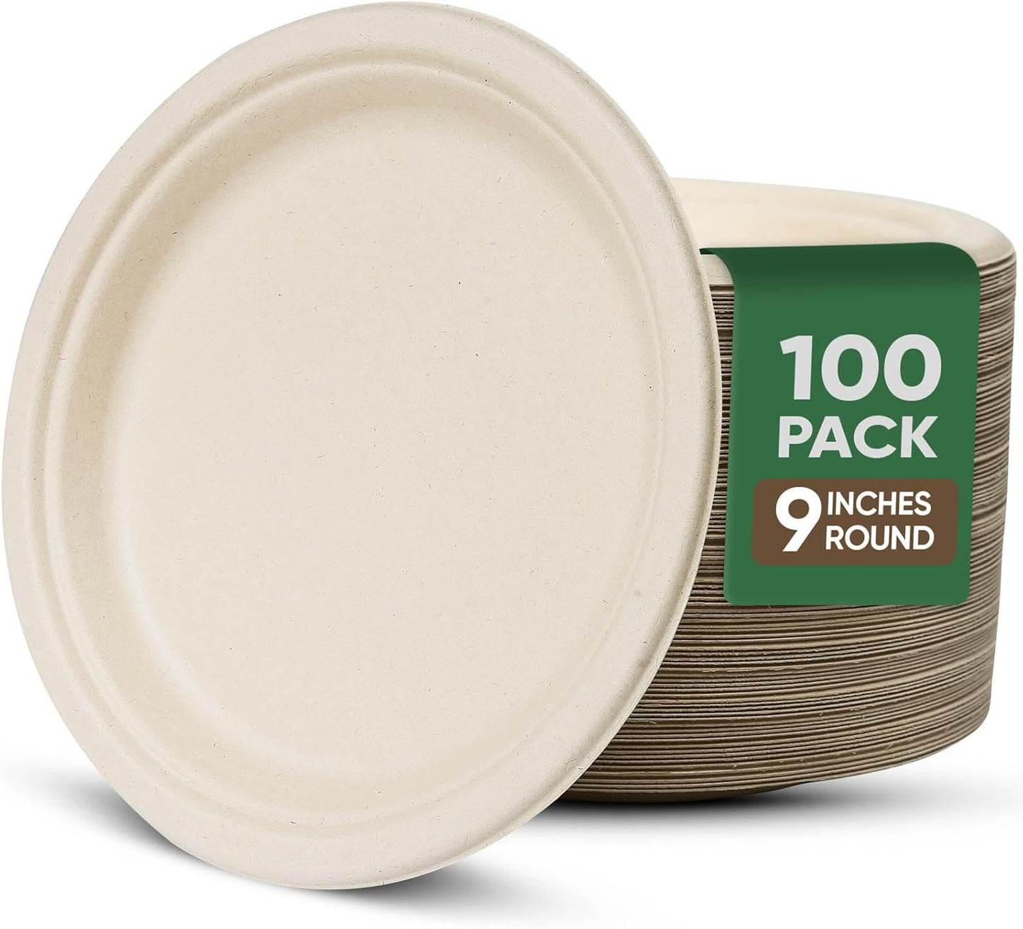 9 Inch Compostable Paper Plates (100 Pack) - Eco-Friendly Disposable Dinnerware for Parties, Microwavable & Water/Oil Resistant - 100% Biodegradable Heavy Duty Brown Plates for Events, Picnics