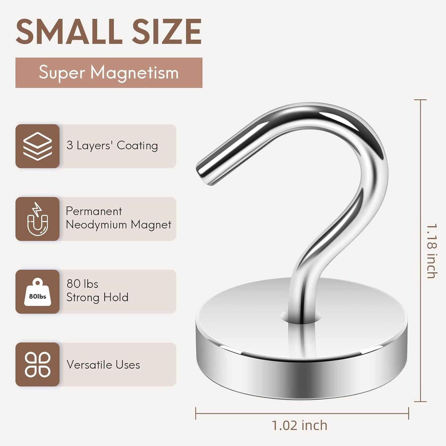 Neosmuk Magnetic Hooks Large Opening, Cruise Ship Essentials, 80lb+ Heavy Duty Magnetic Hooks for Cruise Cabins, Refrigerator, Grill, Hanging, and Travel | Extra Strong Must-Haves Magnet Hook,Silver