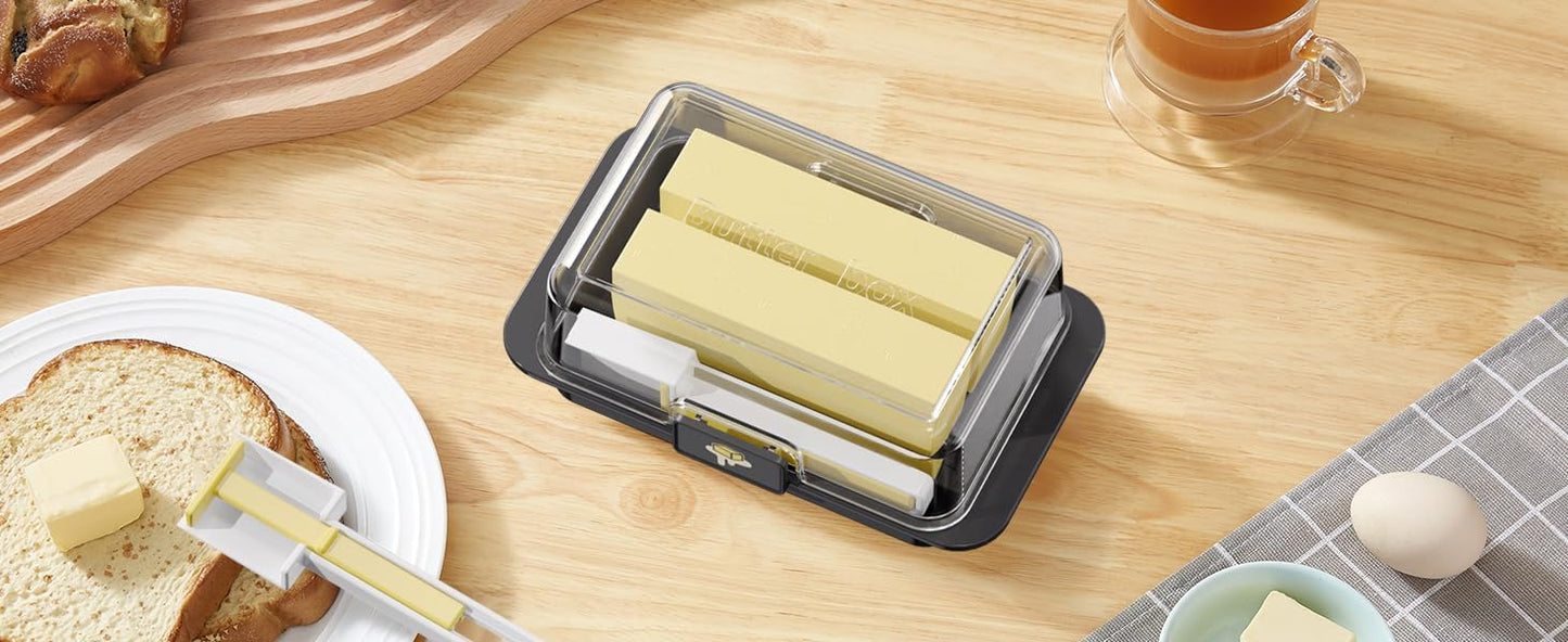Butter Dish with Precision Spoon, Countertop and Refrigerator, Keep Butter Fresh, Easy Scoop, Plastic Butter Keeper Tray Box for East/West Coast Butter (White, Large)