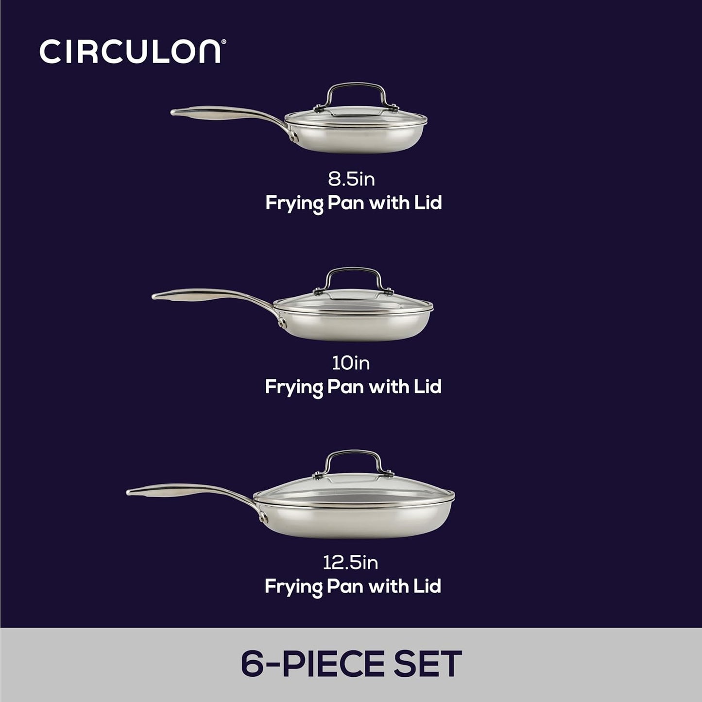 Circulon C1 Series Clad Stainless Steel with ScratchDefense Technology Cookware Nonstick Induction Frying Pans/Skillets with Lids, Metal Utensil Safe, 6 Piece Set - Polished Stainless Steel