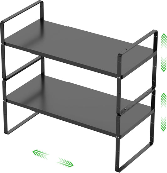 Expandable Cabinet Storage Shelf Stackable Organizer Rack for Kitchen Bathroom Pantry Spice Cupboard Countertop Home Office Desk Heavy Duty Nonslip Black Small 2 Pack