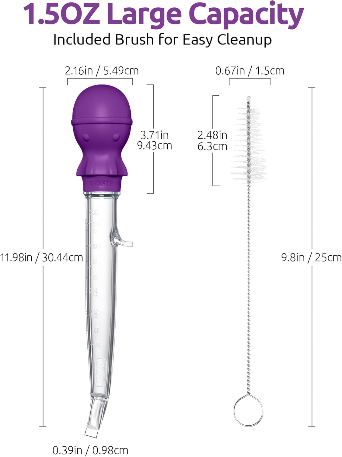 U-Taste 1.5oz Angled Turkey Baster - 228.2ºF Heat Resistant Food Grade Tritan and Silicone Large Octopus Bulb Baster Set with Cleaning Brush for Cooking Basting Meat Poultry Beef Chicken (Purple)