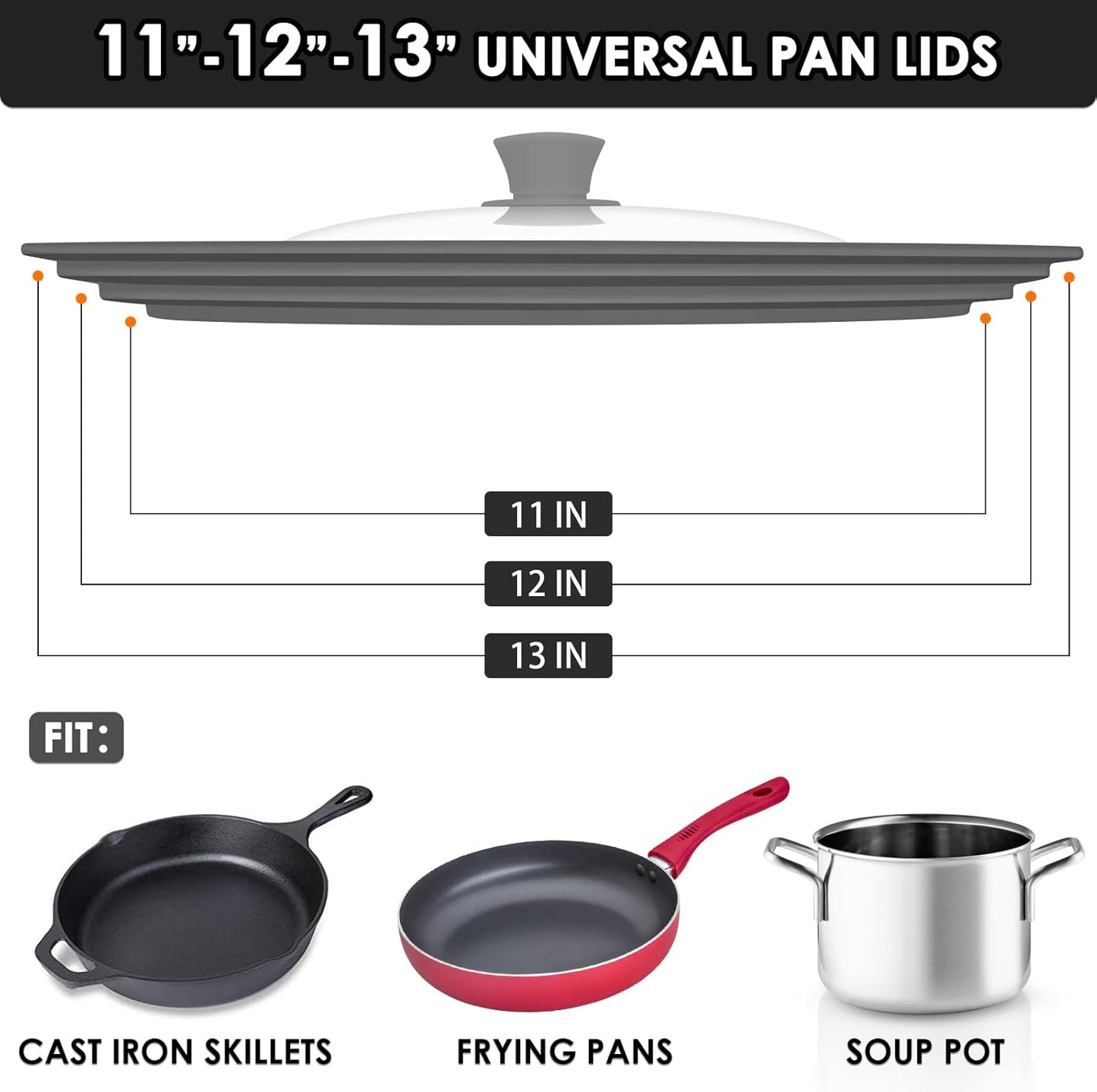 Universal Pan Lids, Silicone Pot lids for Pots, Pans & Skillets - Fits 11", 12" & 13" Diameter Cookware, Replacement Frying Pan lid, Dishwasher Safe (Grey)