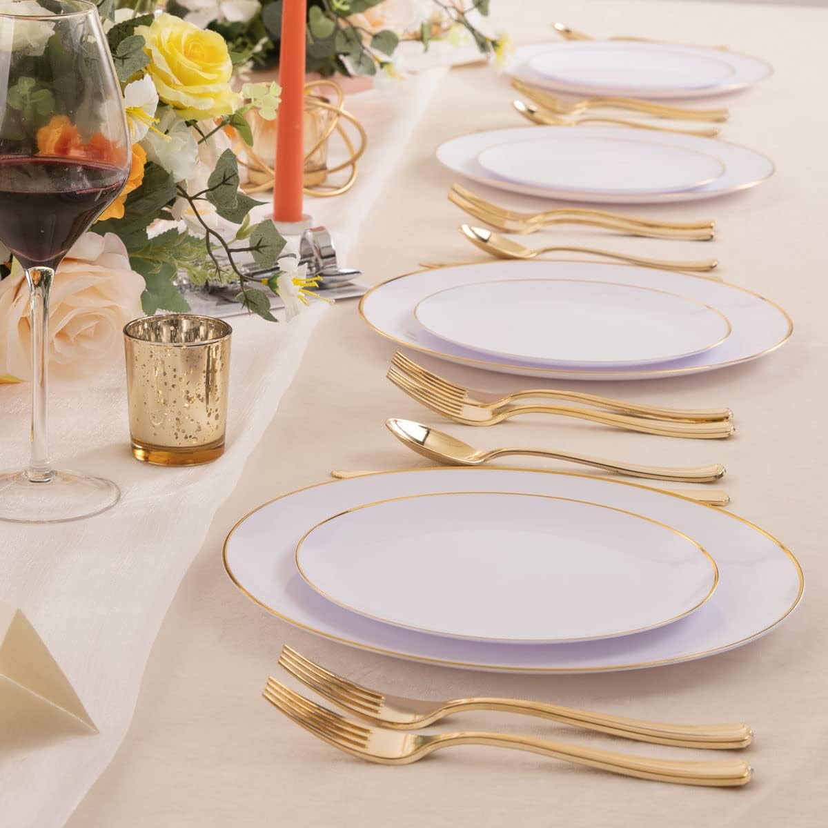 KIRE 60PCS Gold Plastic Plates - Heavy Duty White Disposable Plates with Gold Rim for Party/Wedding- Include 30Pieces 10.25inch Dinner Plate and 30Pcs 7.5inch Dessert Plate