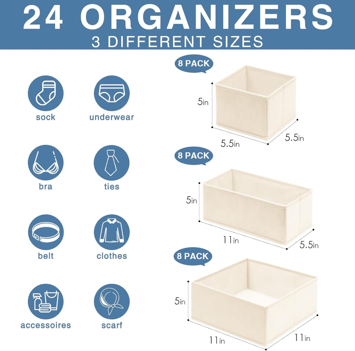 Criusia Drawer Organizer Clothes, 24 Pack Dresser Organizer Bins for Nursery Bedroom, Closet Organization and Storage Dividers for Clothing, Baby Clothes, Underwears, Socks (Beige)