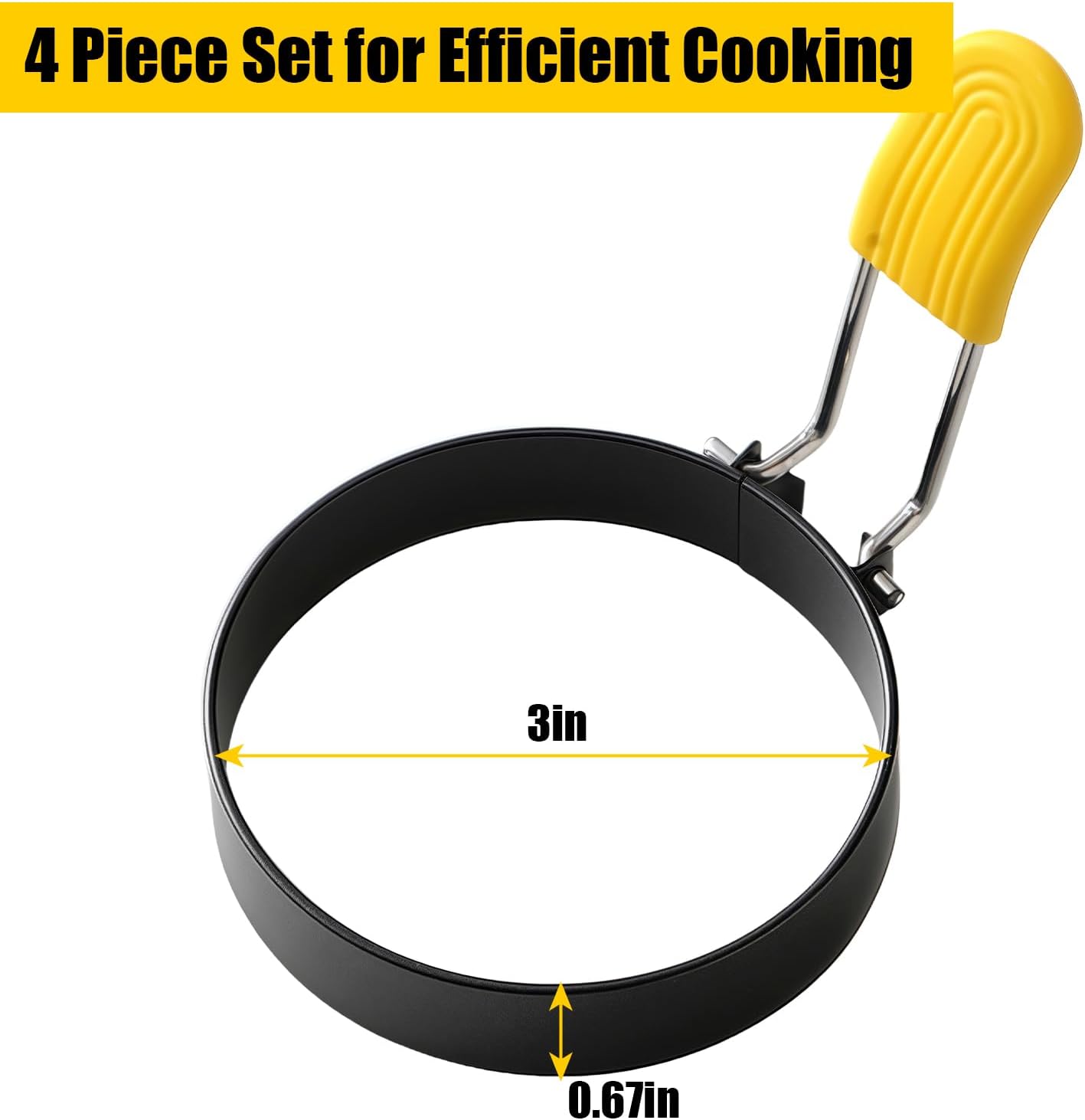 4 Pack Fried Egg Molds Round Stainless Steel Fried Egg Ring with Silicone Handle Perfect for Making Breakfast Sandwiches, Burgers, Pancakes Suitable for Home or Breakfast Carts (3 inch）