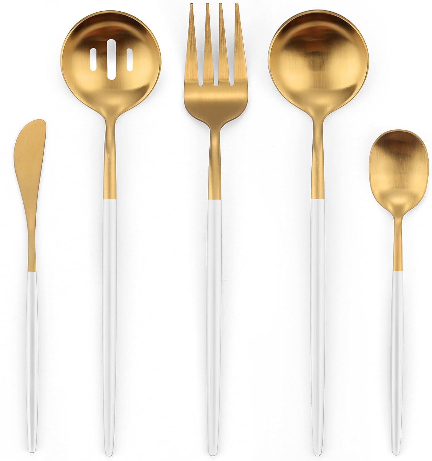 Matte Whitegold Serving Set，Oliviola 5-Piece Stainless Steel Large Hostess Set with Round Edge, Satin Finished, Dishwasher Safe -Large Spoon, Large Fork,Butter Knife，Sugar Spoon & Slotted Spoon