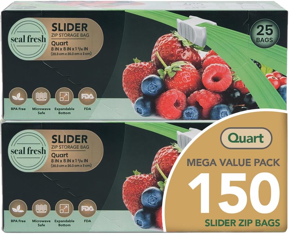 Quart Slider Storage Bags 150 Pack — Reusable Freezer Bags with Expandable Bottom, BPA Free, Microwave Safe, Clear Quart Food Storage Bags