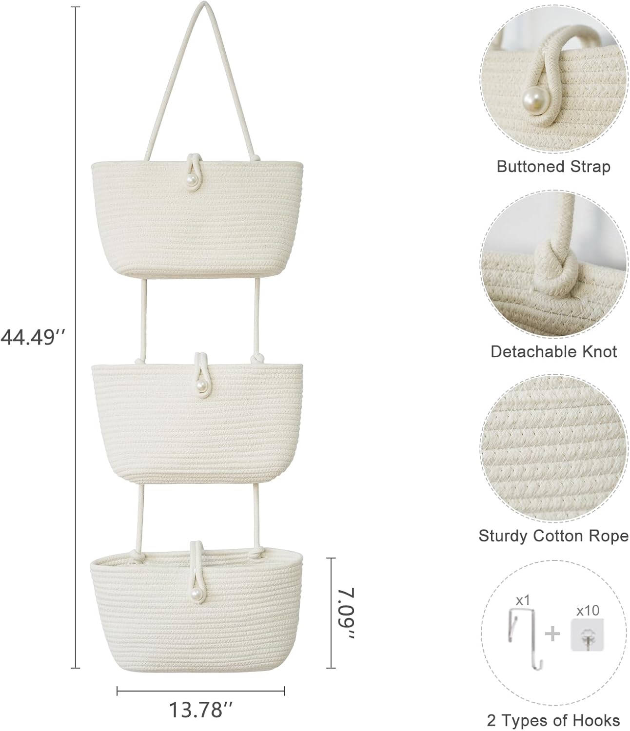 TeoKJ 3-Tier Hanging Baskets for Storage with Pearl Button Strap, Over The Door Storage Baskets for Bathroom, Bedroom, Closet, Door Storage Organizer for Decoration, White