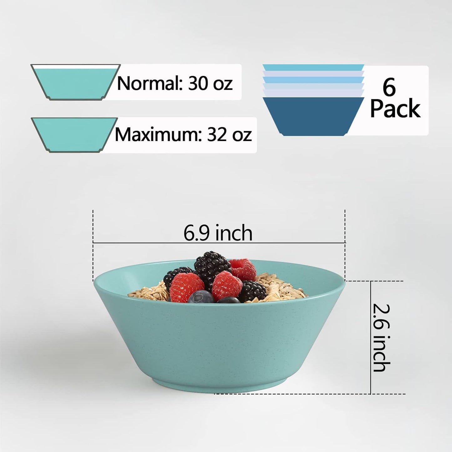 32 Ounce Cereal Bowls, Unbreakable Wheat Straw Fiber Bowl, Lightweight Kitchen Bowls Microwave & Dishwasher Safe BPA Free Bowls, E-Co Friendly Bowls Set for Cereal, Salad,Oatmeal, Soup,Snacks -6 Color