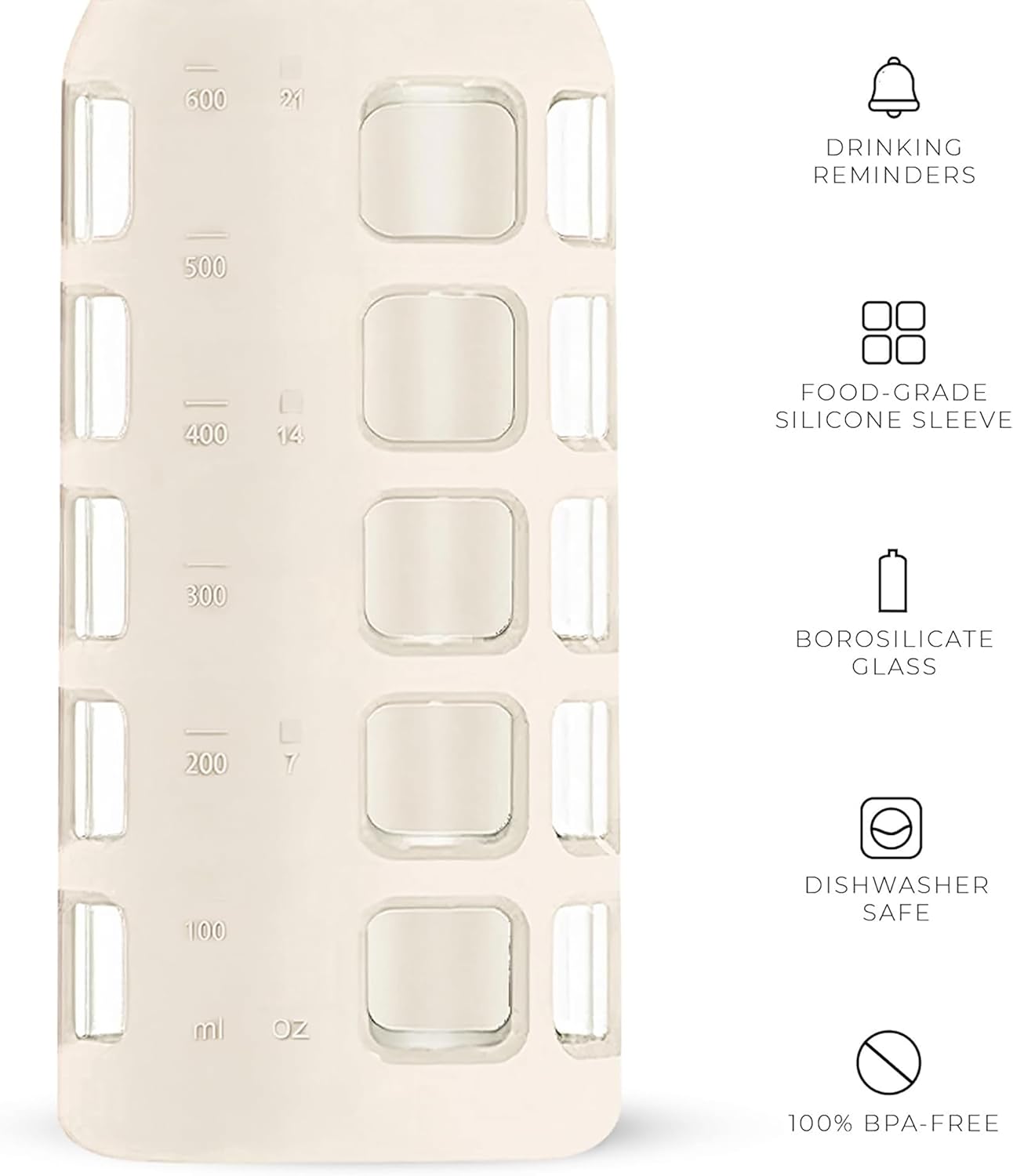 purifyou 40oz / 32oz / 22oz / 12oz Borosilicate Glass Water Bottle with Time & Volume Markers, Silicone Sleeve, Stainless Steel Lid – Reusable Glass Bottle for Water & Juice (22oz Pearled Ivory)