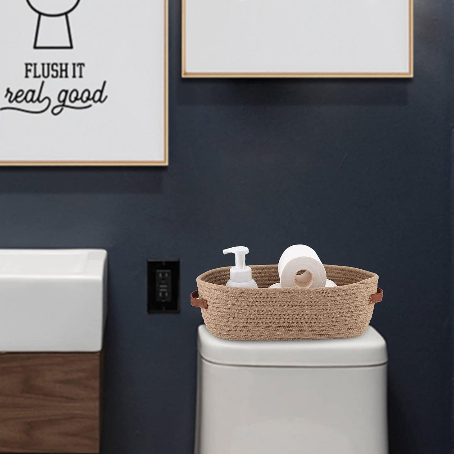 Set Of 2 Storage Basket Boho Decor Baskets for Organizing Woven Decorative Basket for Countertop Toilet Paper Basket for Toilet Tank Top Shelf Basket with Handle Khaki