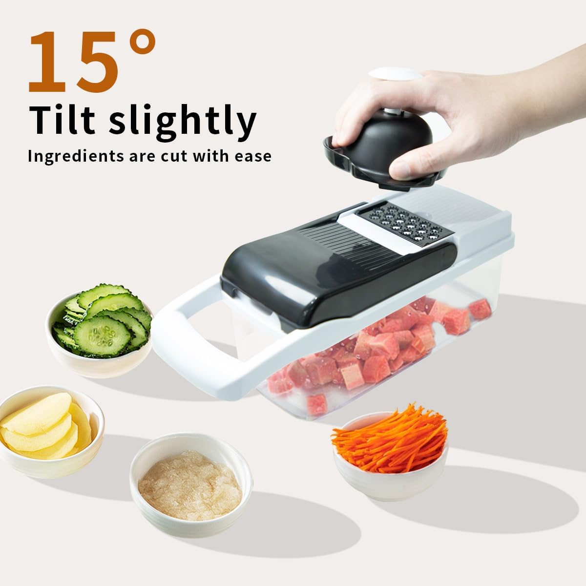 Vegetable Chopper Kit, Stainless Steel Blades, with Veggie Pusher, Grating & Pattern Cutting Blades, Catch Basin & Wash Basket, Safety Lock, Dishwasher Safe Kitchen Gadget (Black-White)