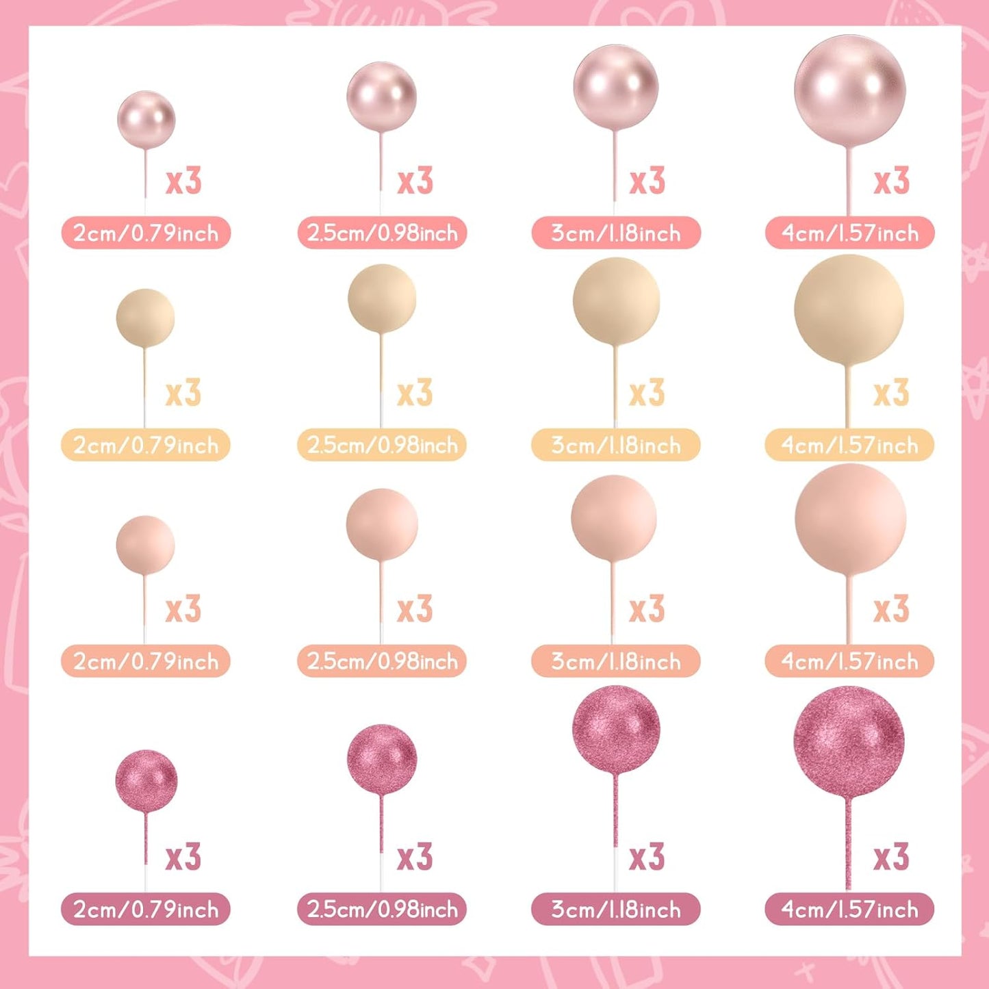 48 Pcs Balls Cake Topper Decorations Balloon Cupcake Toppers Foam Cake Topper Balls for Birthday Party Wedding Cake Deco(Glitter Pink, Rose Gold, Light Brown, Apricot)