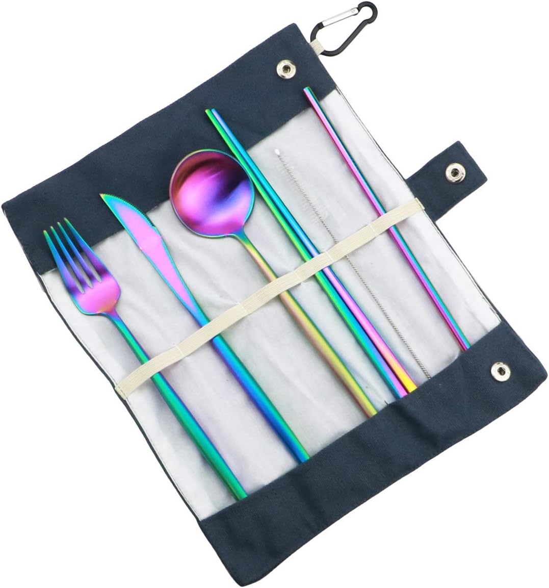 Gugrida Reusable Travel Utensils, 7 Piece Portable 304 Stainless Steel including Knife Fork Spoon Chopsticks Cleaning Brush Straws Portable Pouch, Eco-friendly Camping Silverware Set, Dishwasher Safe