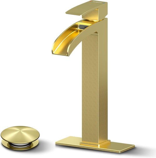 Bathroom Faucet Tall Vessel Waterfall Faucet Deck Mount Single Handle Lavatory with Water Supply Line and with Pop Up Drain （Brushed Gold ）