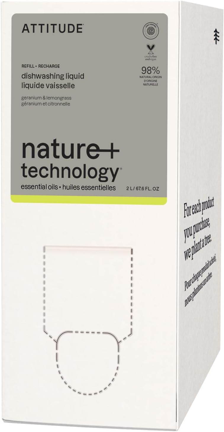 ATTITUDE Dish Soap, EWG Verified, Plant and Mineral-Based Ingredients, Vegan and Cruelty-free Household Products, Geranium and Lemongrass, 67.6 Fl Oz
