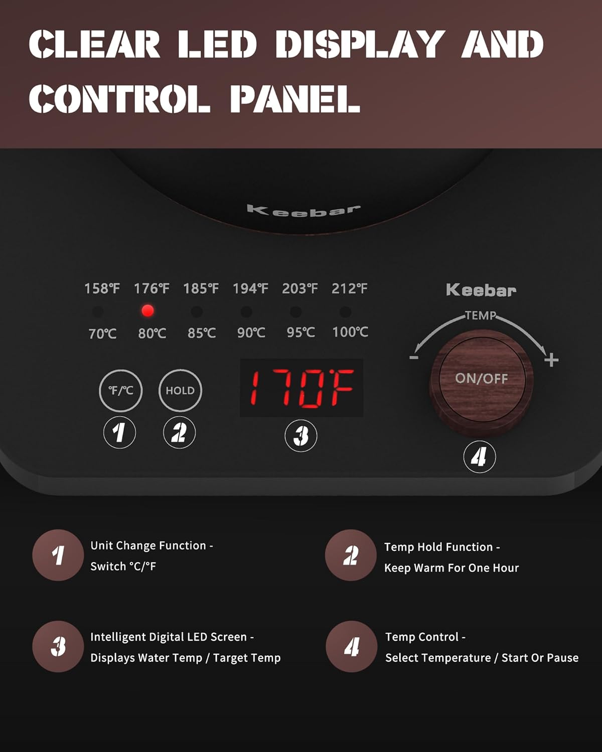 Electric Kettle, Electric Gooseneck Kettle with 6 Temperature Control Presets and LED Display, 0.8L/27.05oz, 0.8mm Ultra-Fine Spout, 304 Stainless Steel Inner, 1000W Gooseneck Kettle, Matte Black