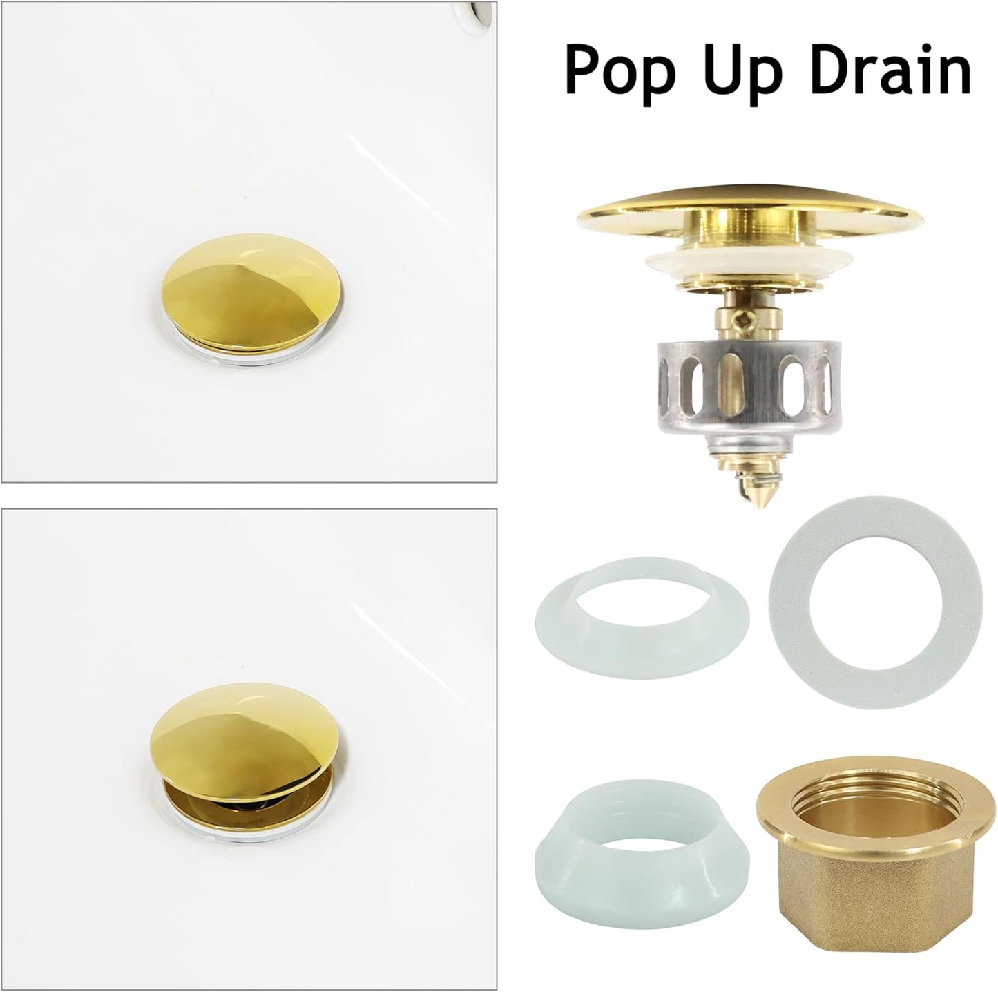 Bathroom Sink Drain, 4 Pack Gold Drain Stopper Without Overflow,Pop Up Drain Assembly Without Detachable Strainer Basket,Built-in Anti-Clogging Strainer,Stainless Steel