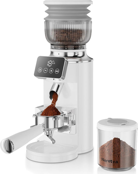 Neretva Burr Coffee Grinder, 2 in 1 Professional Espresso Grinder Stainless Steel Suit 51~58mm Portafilter Coffee Bean Grinder 30 Precise Setting & Anti-Static for Espresso/French Press/Drip/Cold Brew