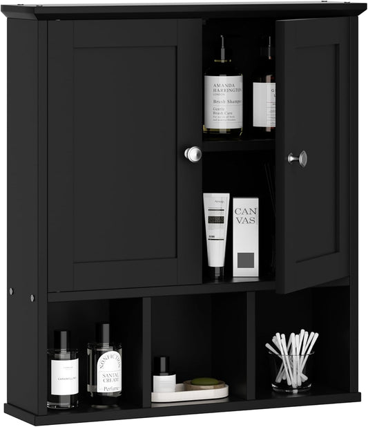 Shintenchi Bathroom Wall Cabinet with Door, Storage Organizer Over The Toilet Medicine, Space Saving with Adjustable & Open Shelf, Black
