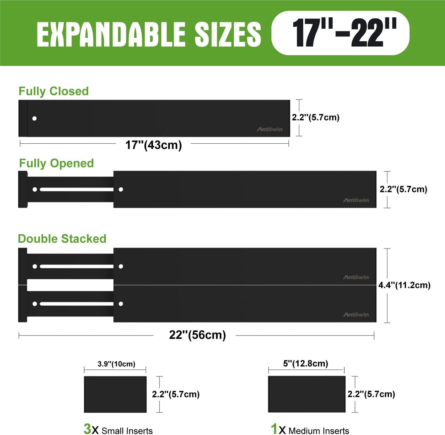 ANTOWIN Bamboo Drawer Dividers Organizers, Drawer Separators Splitter,17-22 inches Long Adjustable Spring-loaded Organizer for Large Utensil, Clothes, Tools Drawers (Black)