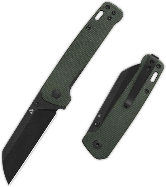 QSP Penguin V2 Folding Pocket Knife, 3.06" D2 Black Stonewash Blade EDC Knife, Green Micarta Handle, Liner Lock, Ceramic Ball Bearings, Reversible SS Deep Carry Clip