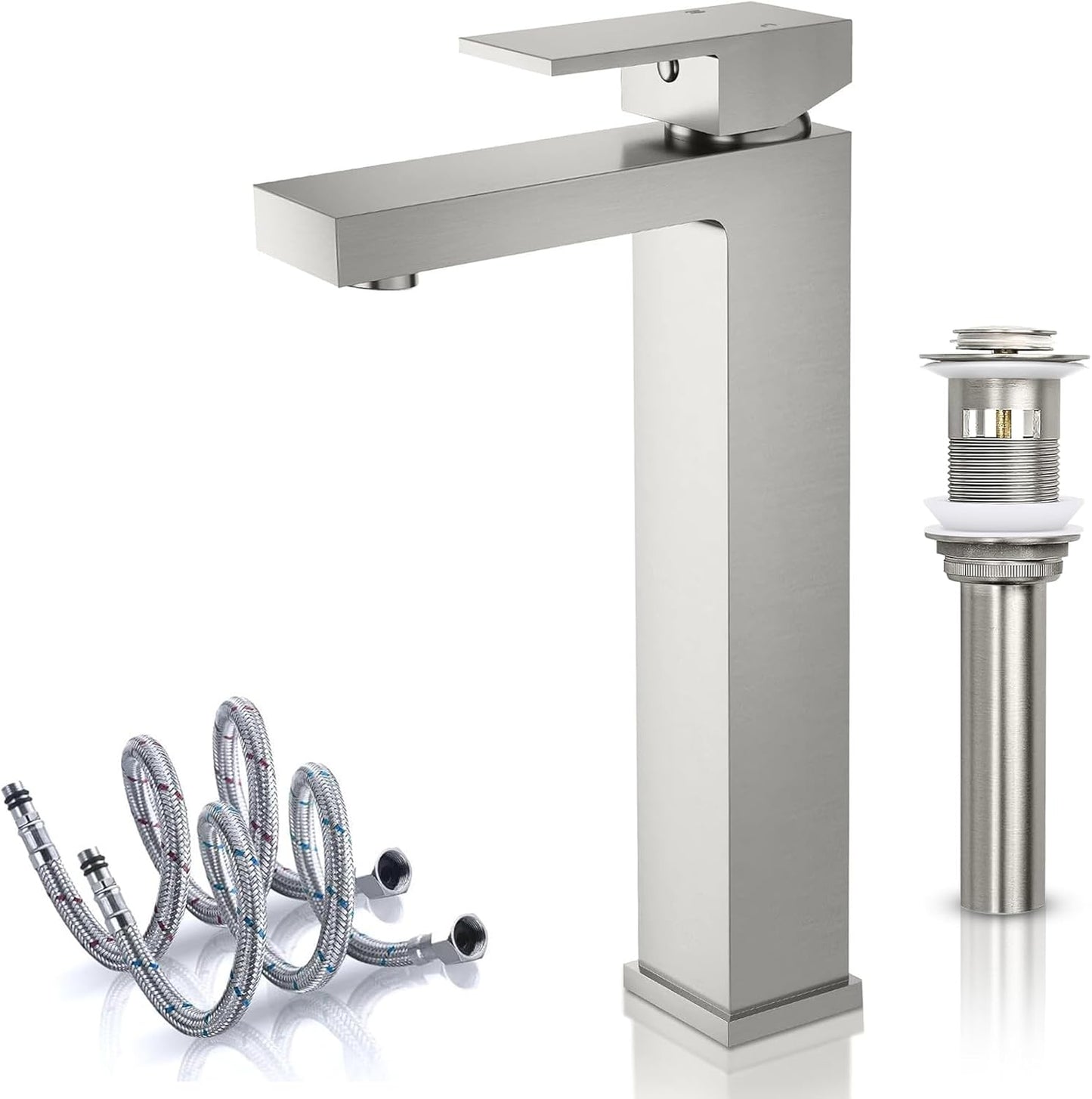 Brushed Nickel Solid Brass Tall Single Handle Bathroom Faucet, cUPC & CEC Certified Vessel Sink Faucet 1 Hole, Mixer Bar Tap with Pop Up Drain & Water Supply Hoses