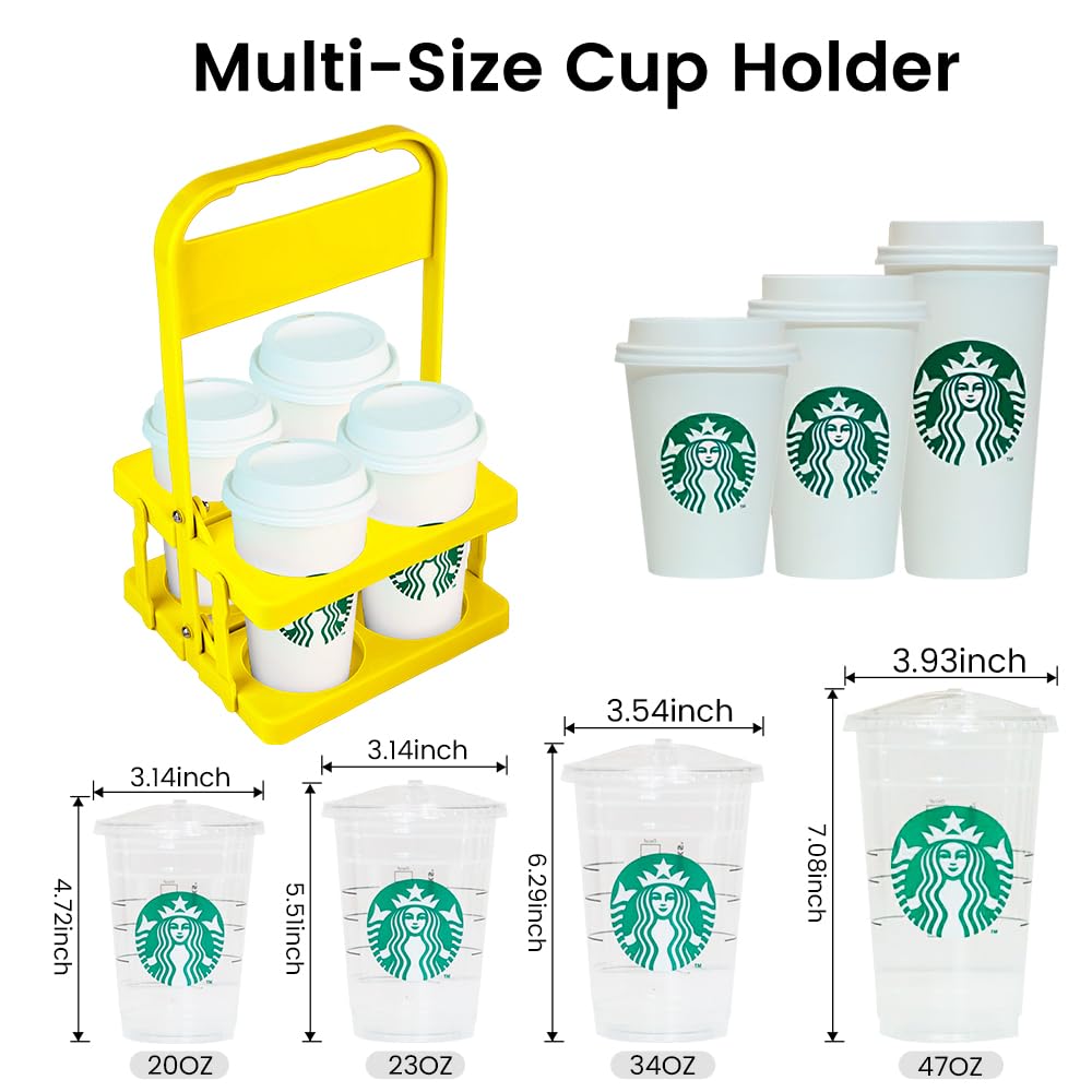 Bodaon 4 Cup Drink Carrier with Handle, Plastic Cup Carriers for Drinks, Drink Holder for Car, GrubHub/Eats Doordash Accessories, Portable Foldable Reusable Mobile, Use for Food Delivery Bag, Yellow