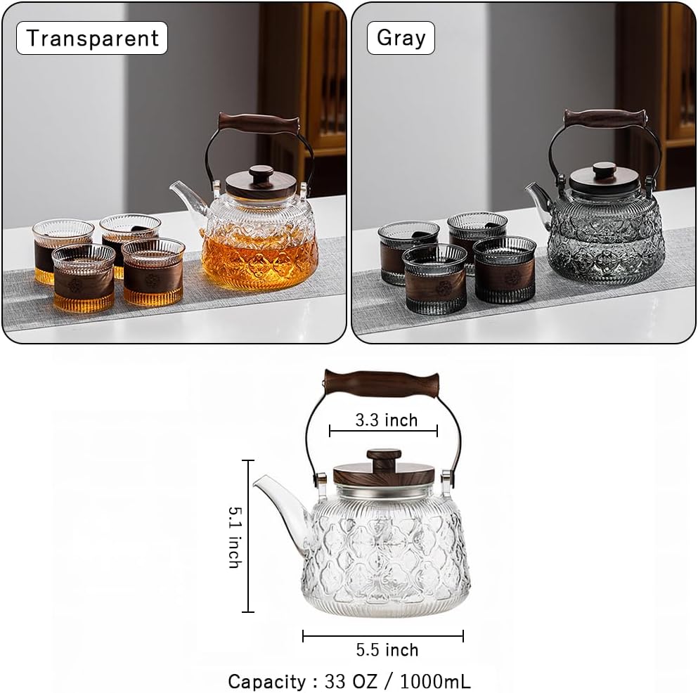 IwaiLoft Stovetop Safe Glass Teapot with Malus Spectabilis Pattern Removable Infuser Fine Borosilicate Tea Pot perfect for Fruit Flowering Tea Canister Premium Quality Tea Kettle Gift(Transparent)